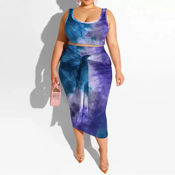 IyMoo Womens Sexy Plus Size 2 Piece Midi Dress Outfits  Sleeveless Tie Dye Print Tank Crop Top Bodycon Skirts SetBlue Green1