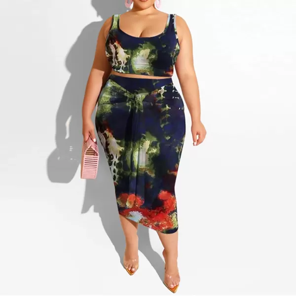 IyMoo Womens Sexy Plus Size 2 Piece Midi Dress Outfits  Sleeveless Tie Dye Print Tank Crop Top Bodycon Skirts SetCircle Blue1