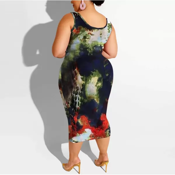 IyMoo Womens Sexy Plus Size 2 Piece Midi Dress Outfits  Sleeveless Tie Dye Print Tank Crop Top Bodycon Skirts SetCircle Blue1