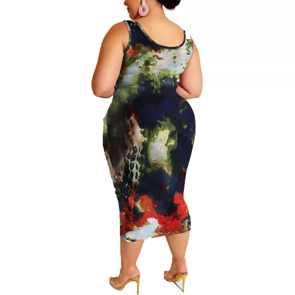 IyMoo Womens Sexy Plus Size 2 Piece Midi Dress Outfits  Sleeveless Tie Dye Print Tank Crop Top Bodycon Skirts SetCircle Blue1