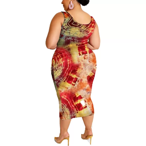 IyMoo Womens Sexy Plus Size 2 Piece Midi Dress Outfits  Sleeveless Tie Dye Print Tank Crop Top Bodycon Skirts SetCircle Red1