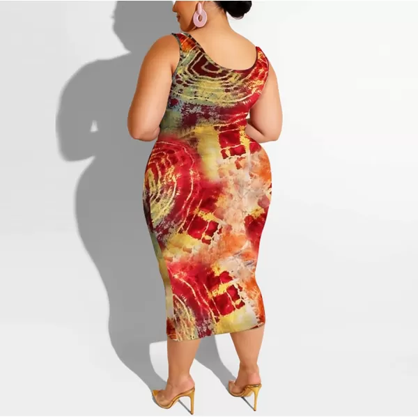 IyMoo Womens Sexy Plus Size 2 Piece Midi Dress Outfits  Sleeveless Tie Dye Print Tank Crop Top Bodycon Skirts SetCircle Red1
