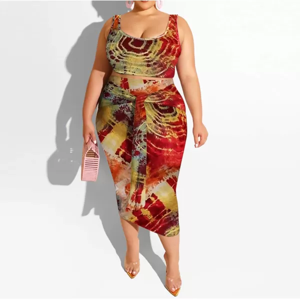 IyMoo Womens Sexy Plus Size 2 Piece Midi Dress Outfits  Sleeveless Tie Dye Print Tank Crop Top Bodycon Skirts SetCircle Red1