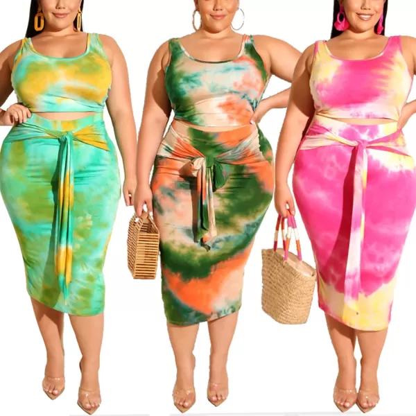 IyMoo Womens Sexy Plus Size 2 Piece Midi Dress Outfits  Sleeveless Tie Dye Print Tank Crop Top Bodycon Skirts SetDark Green