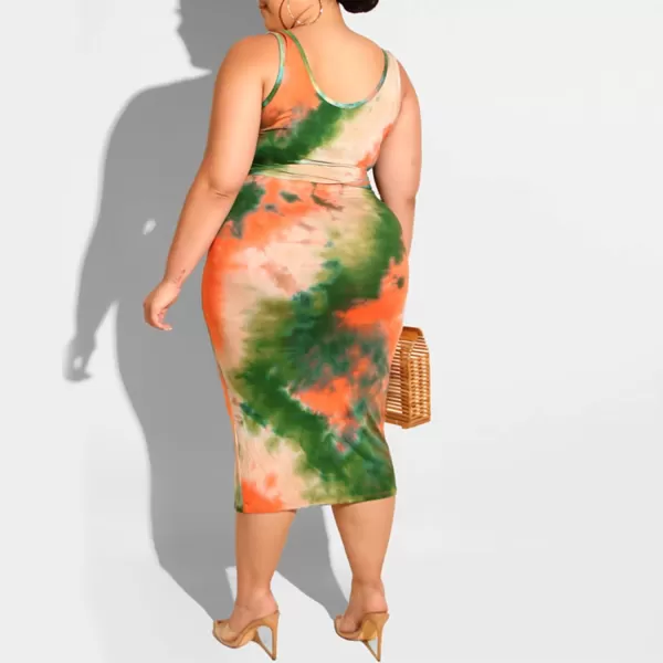IyMoo Womens Sexy Plus Size 2 Piece Midi Dress Outfits  Sleeveless Tie Dye Print Tank Crop Top Bodycon Skirts SetDark Green