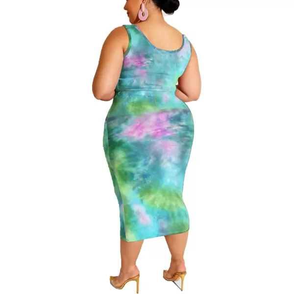 IyMoo Womens Sexy Plus Size 2 Piece Midi Dress Outfits  Sleeveless Tie Dye Print Tank Crop Top Bodycon Skirts SetGreen1