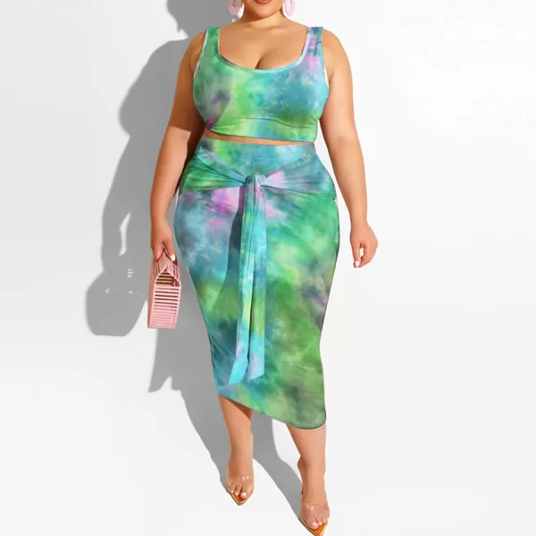 IyMoo Womens Sexy Plus Size 2 Piece Midi Dress Outfits  Sleeveless Tie Dye Print Tank Crop Top Bodycon Skirts SetGreen1