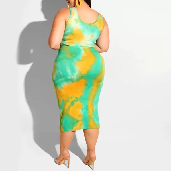 IyMoo Womens Sexy Plus Size 2 Piece Midi Dress Outfits  Sleeveless Tie Dye Print Tank Crop Top Bodycon Skirts SetLake Blue