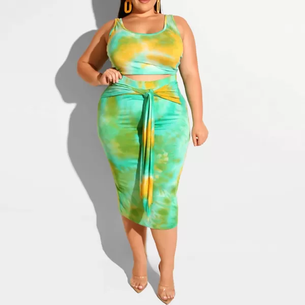 IyMoo Womens Sexy Plus Size 2 Piece Midi Dress Outfits  Sleeveless Tie Dye Print Tank Crop Top Bodycon Skirts SetLake Blue