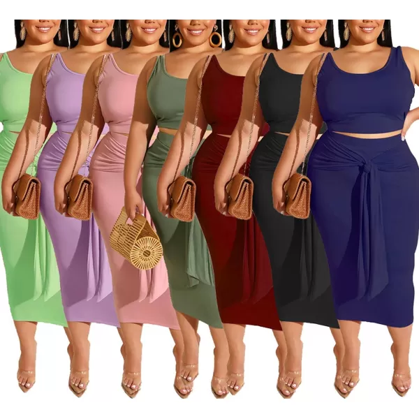 IyMoo Womens Sexy Plus Size 2 Piece Midi Dress Outfits  Sleeveless Tie Dye Print Tank Crop Top Bodycon Skirts SetLight Green Solid