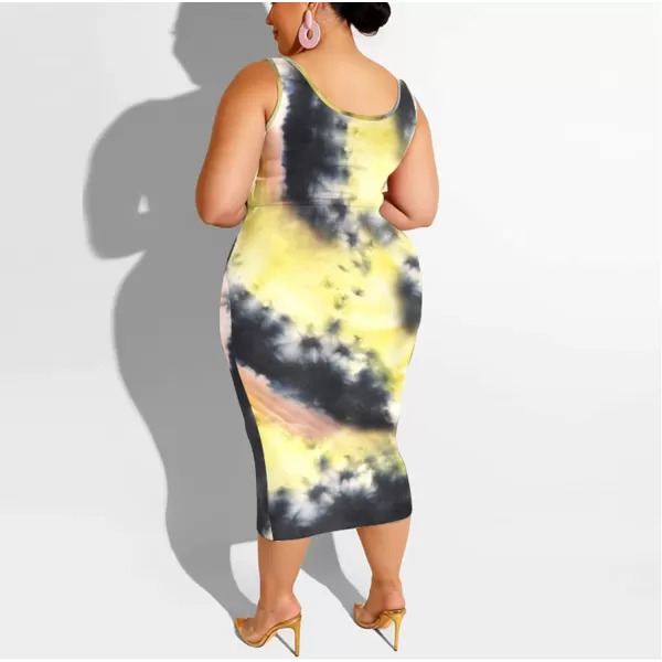 IyMoo Womens Sexy Plus Size 2 Piece Midi Dress Outfits  Sleeveless Tie Dye Print Tank Crop Top Bodycon Skirts SetLight Yellow1
