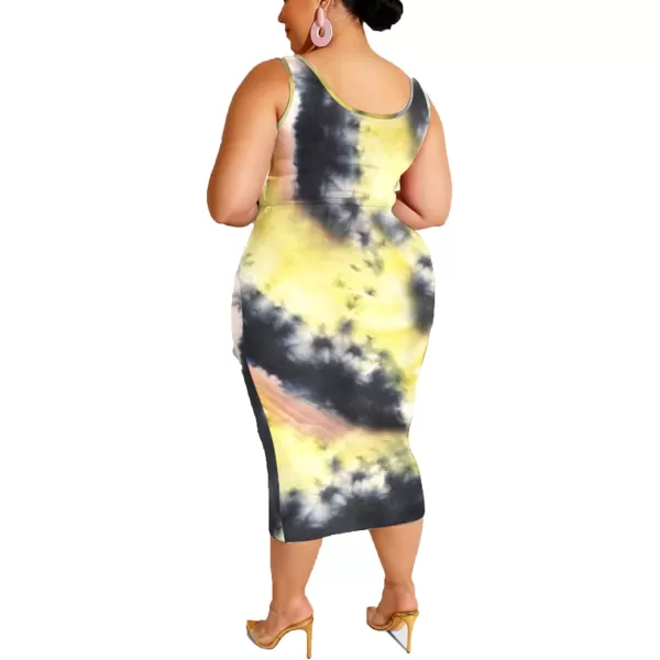 IyMoo Womens Sexy Plus Size 2 Piece Midi Dress Outfits  Sleeveless Tie Dye Print Tank Crop Top Bodycon Skirts SetLight Yellow1