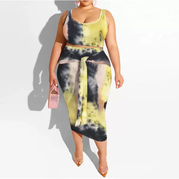 IyMoo Womens Sexy Plus Size 2 Piece Midi Dress Outfits  Sleeveless Tie Dye Print Tank Crop Top Bodycon Skirts SetLight Yellow1