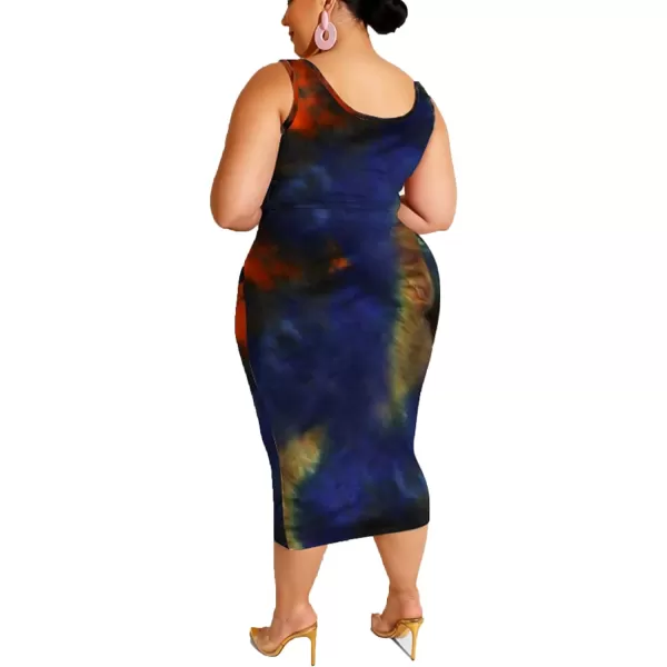 IyMoo Womens Sexy Plus Size 2 Piece Midi Dress Outfits  Sleeveless Tie Dye Print Tank Crop Top Bodycon Skirts SetNavy Blue1