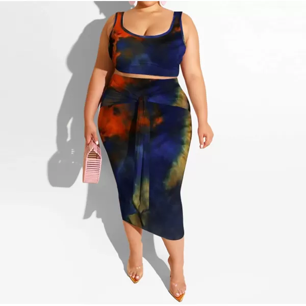 IyMoo Womens Sexy Plus Size 2 Piece Midi Dress Outfits  Sleeveless Tie Dye Print Tank Crop Top Bodycon Skirts SetNavy Blue1