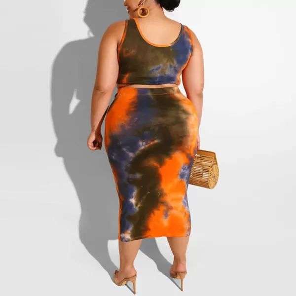 IyMoo Womens Sexy Plus Size 2 Piece Midi Dress Outfits  Sleeveless Tie Dye Print Tank Crop Top Bodycon Skirts SetOrange