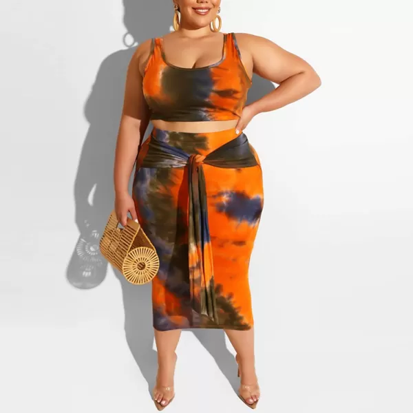 IyMoo Womens Sexy Plus Size 2 Piece Midi Dress Outfits  Sleeveless Tie Dye Print Tank Crop Top Bodycon Skirts SetOrange