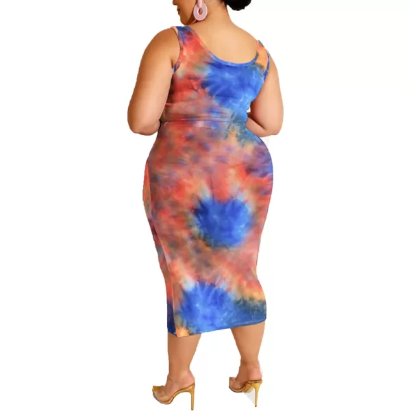 IyMoo Womens Sexy Plus Size 2 Piece Midi Dress Outfits  Sleeveless Tie Dye Print Tank Crop Top Bodycon Skirts SetOrange Blue1