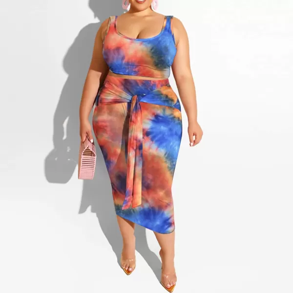 IyMoo Womens Sexy Plus Size 2 Piece Midi Dress Outfits  Sleeveless Tie Dye Print Tank Crop Top Bodycon Skirts SetOrange Blue1