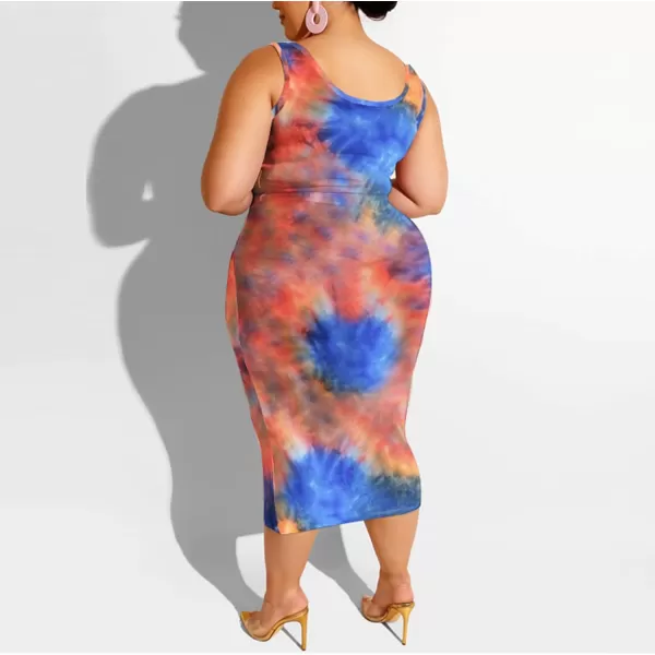 IyMoo Womens Sexy Plus Size 2 Piece Midi Dress Outfits  Sleeveless Tie Dye Print Tank Crop Top Bodycon Skirts SetOrange Blue1