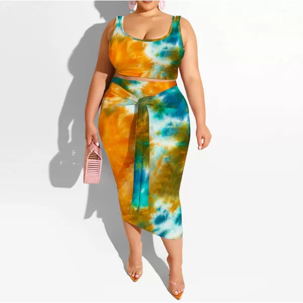 IyMoo Womens Sexy Plus Size 2 Piece Midi Dress Outfits  Sleeveless Tie Dye Print Tank Crop Top Bodycon Skirts SetOrange1