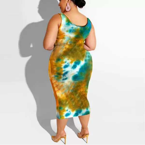 IyMoo Womens Sexy Plus Size 2 Piece Midi Dress Outfits  Sleeveless Tie Dye Print Tank Crop Top Bodycon Skirts SetOrange1
