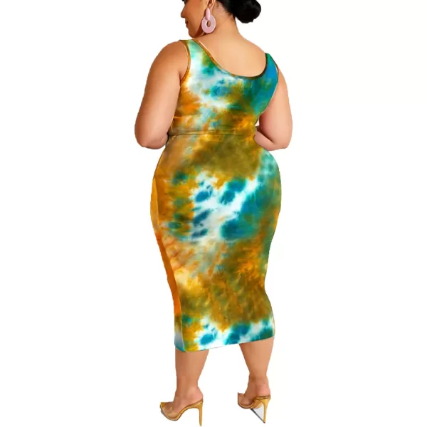 IyMoo Womens Sexy Plus Size 2 Piece Midi Dress Outfits  Sleeveless Tie Dye Print Tank Crop Top Bodycon Skirts SetOrange1