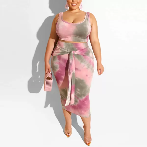 IyMoo Womens Sexy Plus Size 2 Piece Midi Dress Outfits  Sleeveless Tie Dye Print Tank Crop Top Bodycon Skirts SetPink