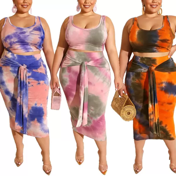 IyMoo Womens Sexy Plus Size 2 Piece Midi Dress Outfits  Sleeveless Tie Dye Print Tank Crop Top Bodycon Skirts SetPink