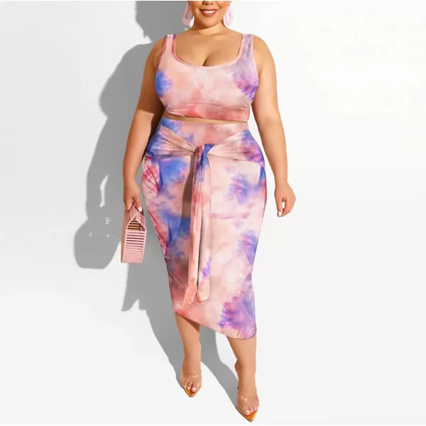 IyMoo Womens Sexy Plus Size 2 Piece Midi Dress Outfits  Sleeveless Tie Dye Print Tank Crop Top Bodycon Skirts SetPink Blue1