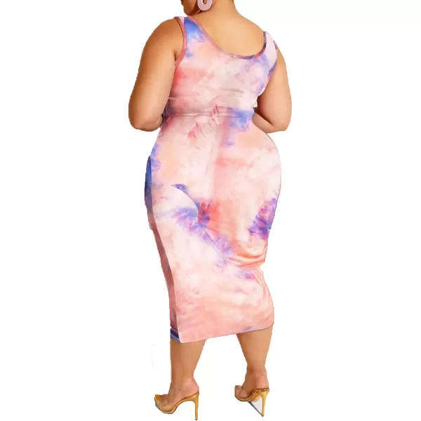 IyMoo Womens Sexy Plus Size 2 Piece Midi Dress Outfits  Sleeveless Tie Dye Print Tank Crop Top Bodycon Skirts SetPink Blue1