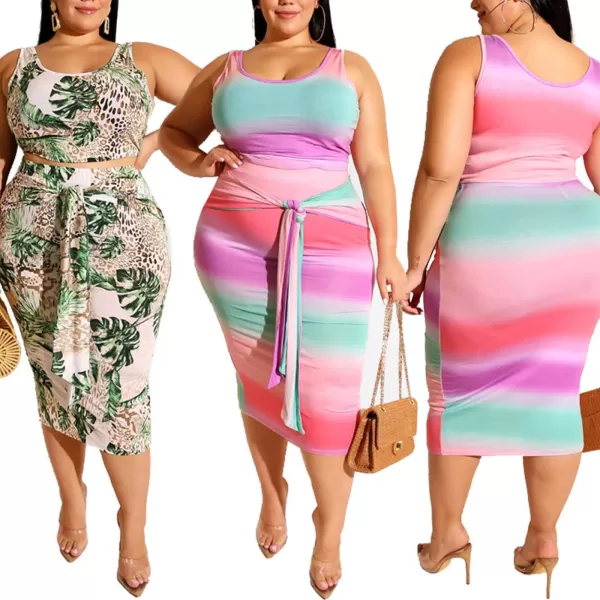 IyMoo Womens Sexy Plus Size 2 Piece Midi Dress Outfits  Sleeveless Tie Dye Print Tank Crop Top Bodycon Skirts SetPink Ombre