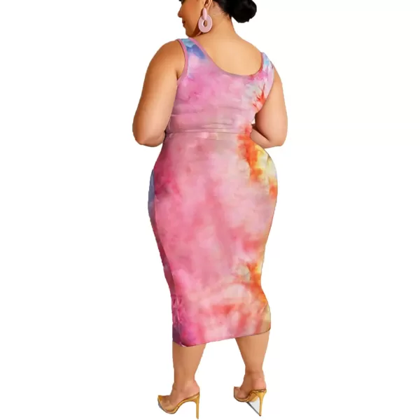 IyMoo Womens Sexy Plus Size 2 Piece Midi Dress Outfits  Sleeveless Tie Dye Print Tank Crop Top Bodycon Skirts SetPink Orange1
