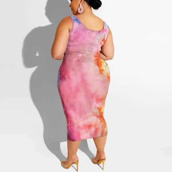 IyMoo Womens Sexy Plus Size 2 Piece Midi Dress Outfits  Sleeveless Tie Dye Print Tank Crop Top Bodycon Skirts SetPink Orange1