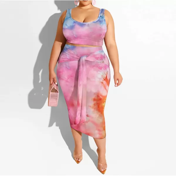 IyMoo Womens Sexy Plus Size 2 Piece Midi Dress Outfits  Sleeveless Tie Dye Print Tank Crop Top Bodycon Skirts SetPink Orange1