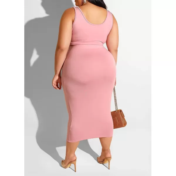 IyMoo Womens Sexy Plus Size 2 Piece Midi Dress Outfits  Sleeveless Tie Dye Print Tank Crop Top Bodycon Skirts SetPink Solid