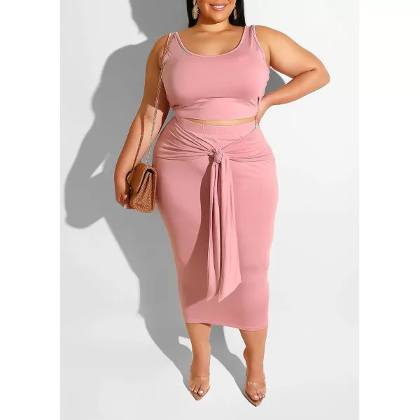IyMoo Womens Sexy Plus Size 2 Piece Midi Dress Outfits  Sleeveless Tie Dye Print Tank Crop Top Bodycon Skirts SetPink Solid