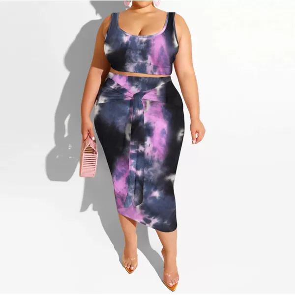 IyMoo Womens Sexy Plus Size 2 Piece Midi Dress Outfits  Sleeveless Tie Dye Print Tank Crop Top Bodycon Skirts SetPurple Black1
