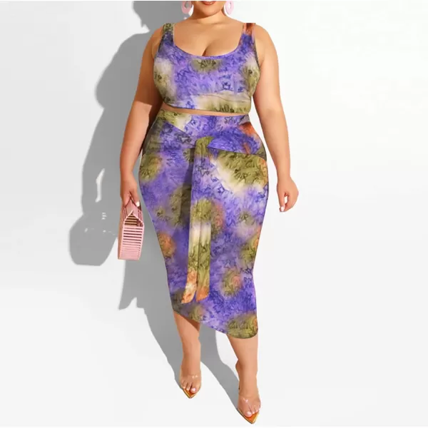IyMoo Womens Sexy Plus Size 2 Piece Midi Dress Outfits  Sleeveless Tie Dye Print Tank Crop Top Bodycon Skirts SetPurple Green1