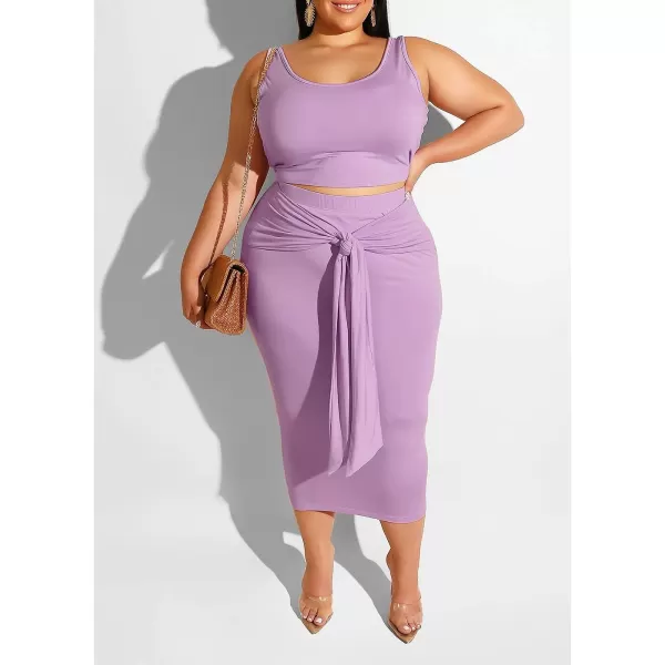 IyMoo Womens Sexy Plus Size 2 Piece Midi Dress Outfits  Sleeveless Tie Dye Print Tank Crop Top Bodycon Skirts SetPurple Solid