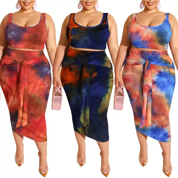 IyMoo Womens Sexy Plus Size 2 Piece Midi Dress Outfits  Sleeveless Tie Dye Print Tank Crop Top Bodycon Skirts SetPurple1