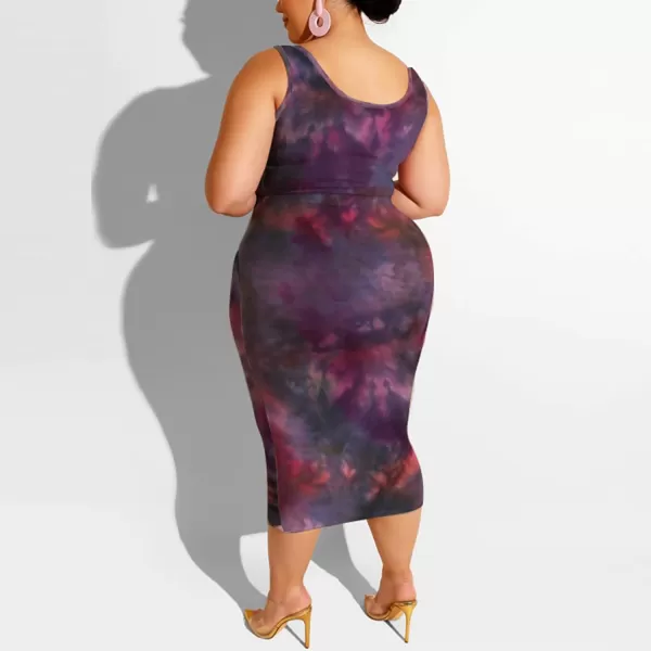 IyMoo Womens Sexy Plus Size 2 Piece Midi Dress Outfits  Sleeveless Tie Dye Print Tank Crop Top Bodycon Skirts SetPurple1