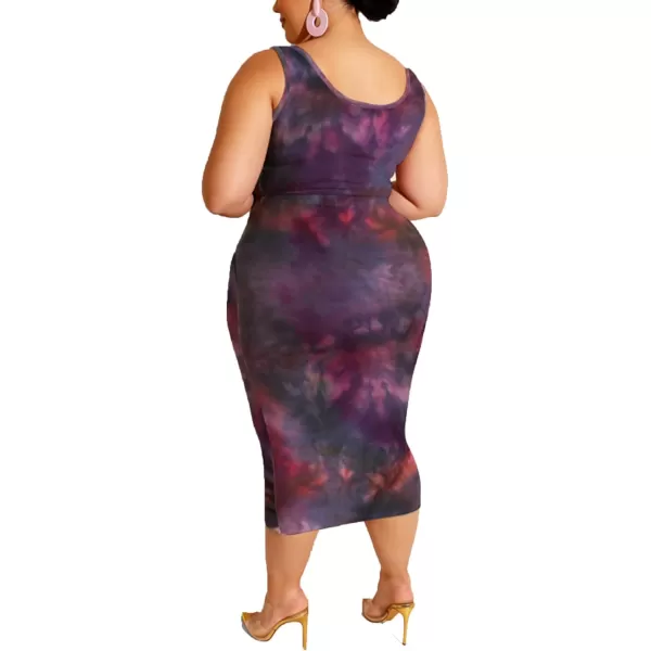 IyMoo Womens Sexy Plus Size 2 Piece Midi Dress Outfits  Sleeveless Tie Dye Print Tank Crop Top Bodycon Skirts SetPurple1