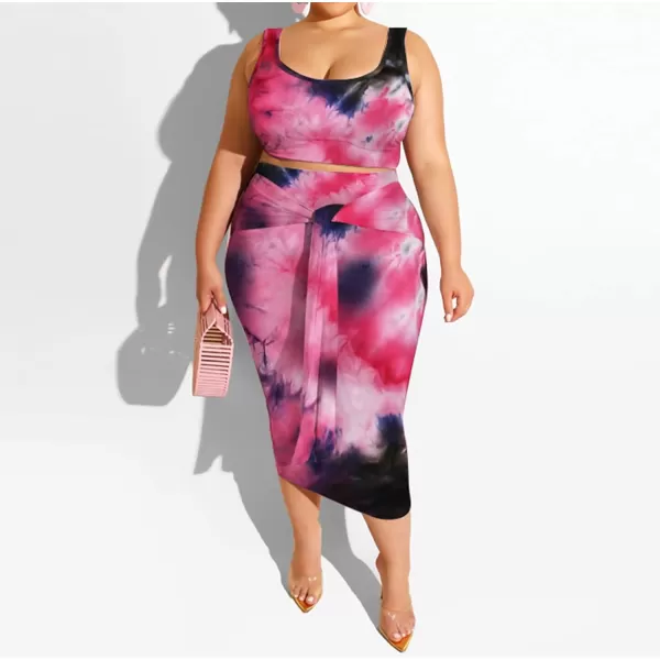 IyMoo Womens Sexy Plus Size 2 Piece Midi Dress Outfits  Sleeveless Tie Dye Print Tank Crop Top Bodycon Skirts SetRed Black1