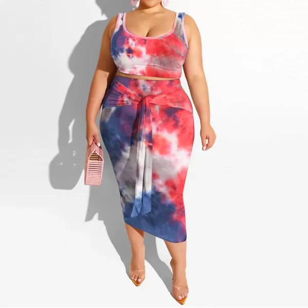 IyMoo Womens Sexy Plus Size 2 Piece Midi Dress Outfits  Sleeveless Tie Dye Print Tank Crop Top Bodycon Skirts SetRed Blue1