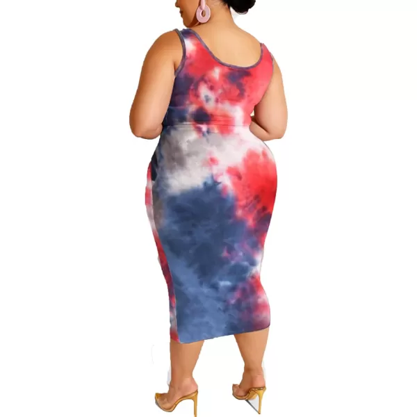 IyMoo Womens Sexy Plus Size 2 Piece Midi Dress Outfits  Sleeveless Tie Dye Print Tank Crop Top Bodycon Skirts SetRed Blue1
