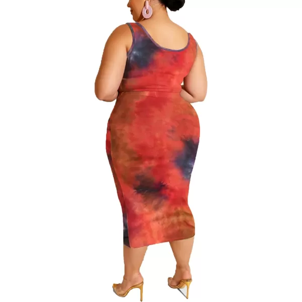 IyMoo Womens Sexy Plus Size 2 Piece Midi Dress Outfits  Sleeveless Tie Dye Print Tank Crop Top Bodycon Skirts SetRed1