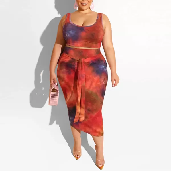 IyMoo Womens Sexy Plus Size 2 Piece Midi Dress Outfits  Sleeveless Tie Dye Print Tank Crop Top Bodycon Skirts SetRed1