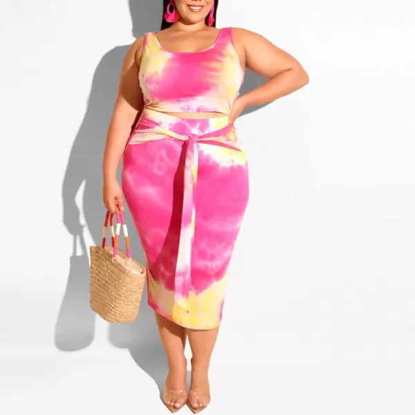 IyMoo Womens Sexy Plus Size 2 Piece Midi Dress Outfits  Sleeveless Tie Dye Print Tank Crop Top Bodycon Skirts SetRose Red