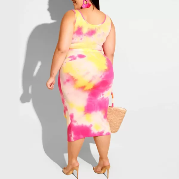 IyMoo Womens Sexy Plus Size 2 Piece Midi Dress Outfits  Sleeveless Tie Dye Print Tank Crop Top Bodycon Skirts SetRose Red